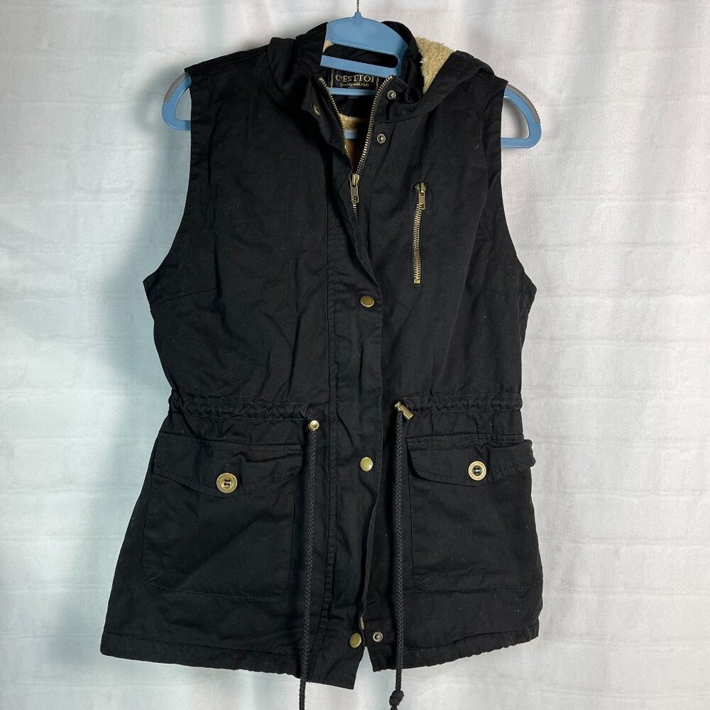 C'esttoi Women's Size Small Black Hooded Lined Zip Up Vest with Beige Lining